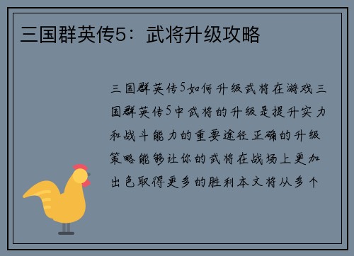 三国群英传5：武将升级攻略